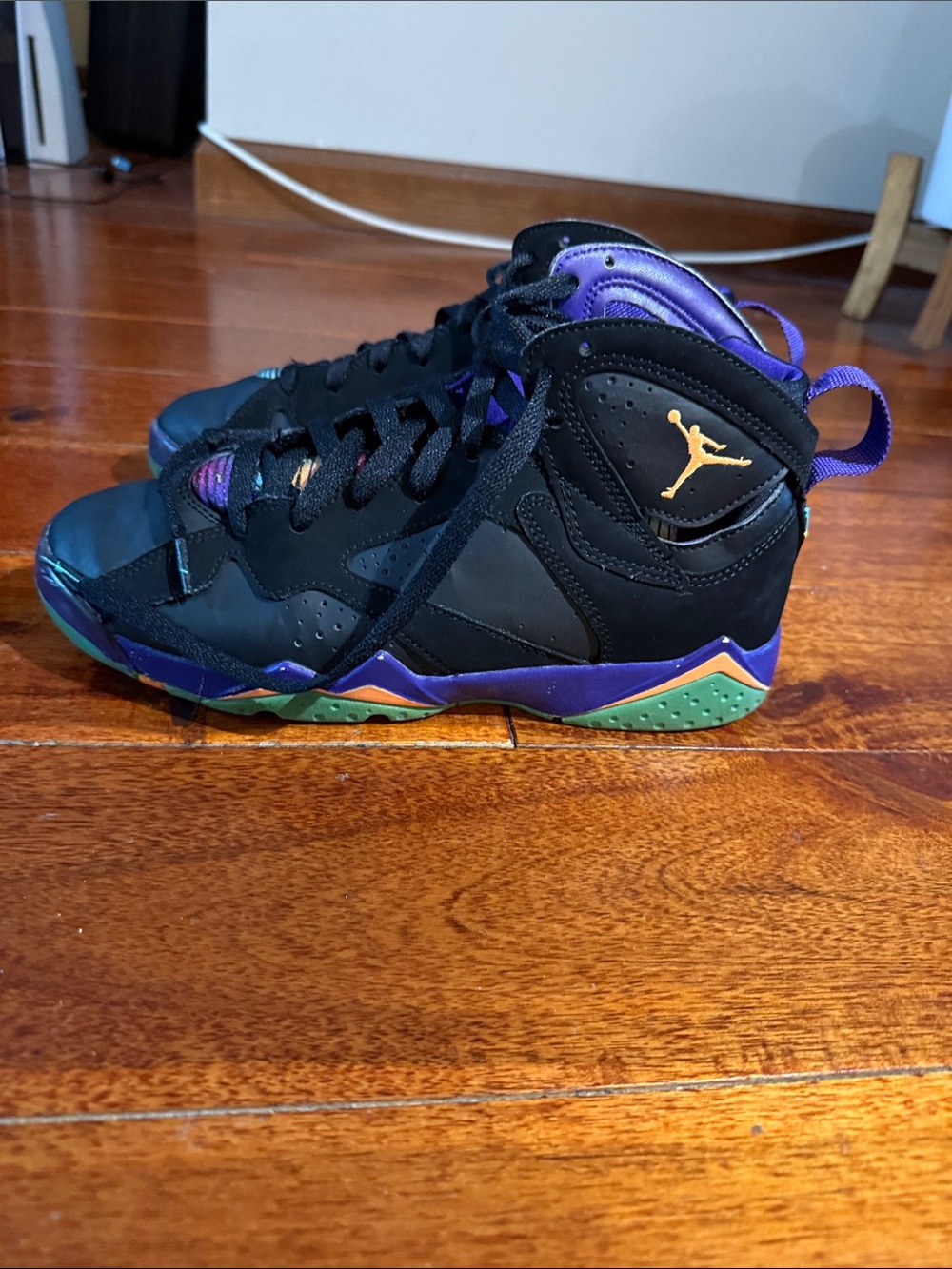 Jordan High-Top Sneakers in Black with Purple, Green & Gold Accents